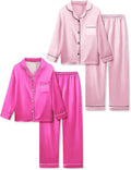 Satin Pajamas for Girls 4-Piece Long Sleeve Silky Button Down PJ