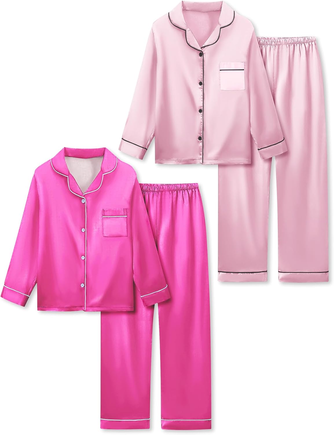 Satin Pajamas for Girls - 4-Piece Silky Button Down Set