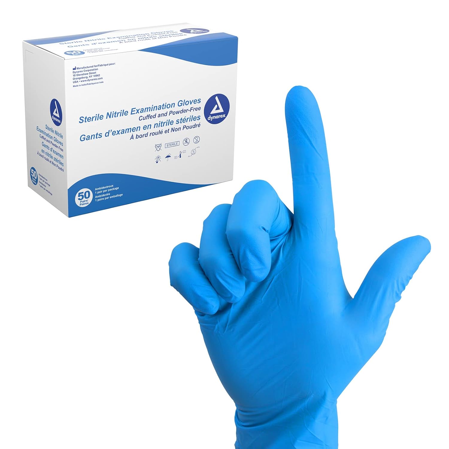 50 Pairs Dynarex Sterile Nitrile Gloves - Textured, Powder-Free