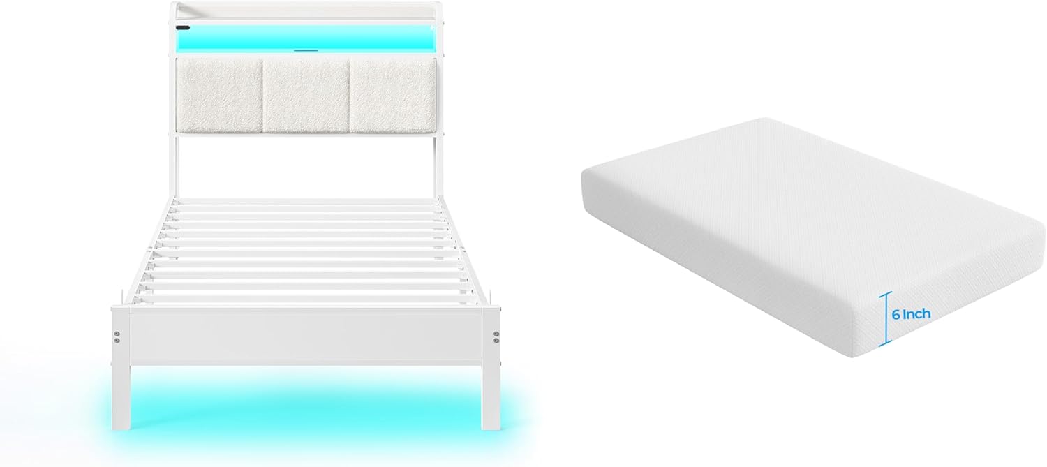 Rolanstar Twin Bed Frame with Charging Station & LED Lights