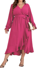 Plus Size Women Faux Wrap Maxi Dress - Long Sleeve Ruffle