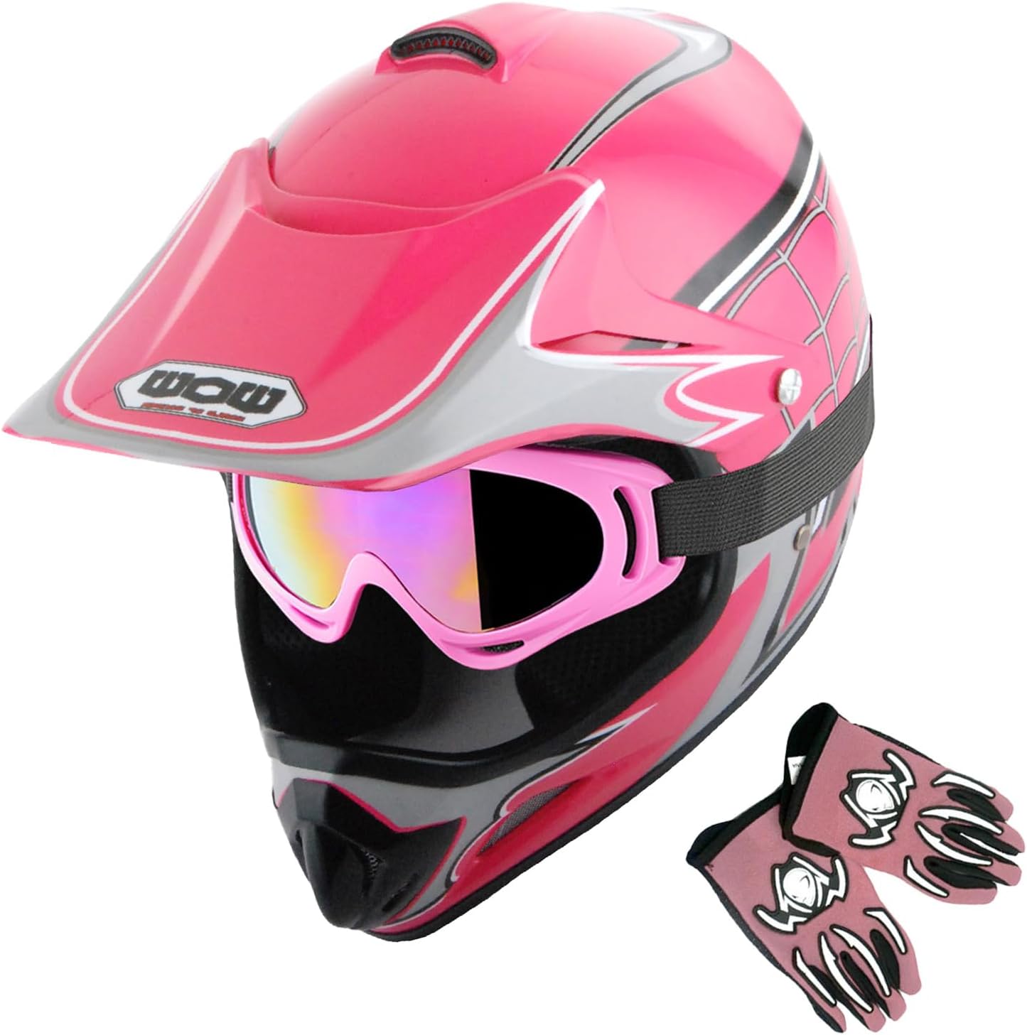 WOW Youth Kids Motocross BMX MX ATV Dirt Bike Helmet Bundle