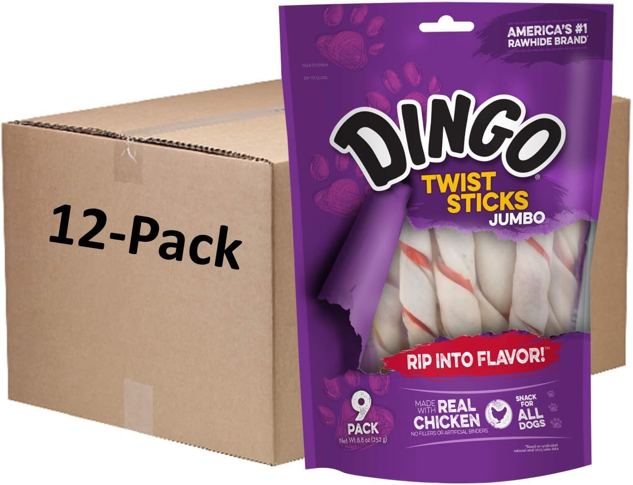 Dingo Twist Sticks Jumbo Rawhide Chews for Dogs, 9-Count Packs