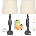 Beige Shade and Black Base Bedside Lamps Set of 2 - Touch Dimmer