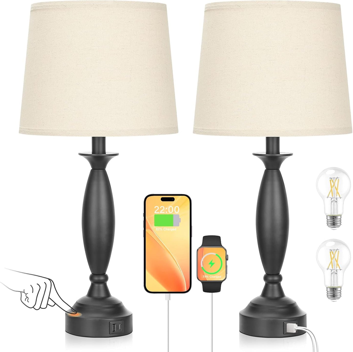 Touch Control Beige Lamps for Bedrooms Set of 2 with USB Ports