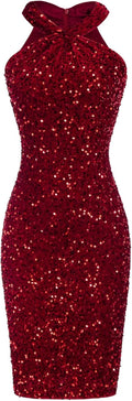 Sequin Dress for Women Halter Bodycon Mini - Sparkly Black