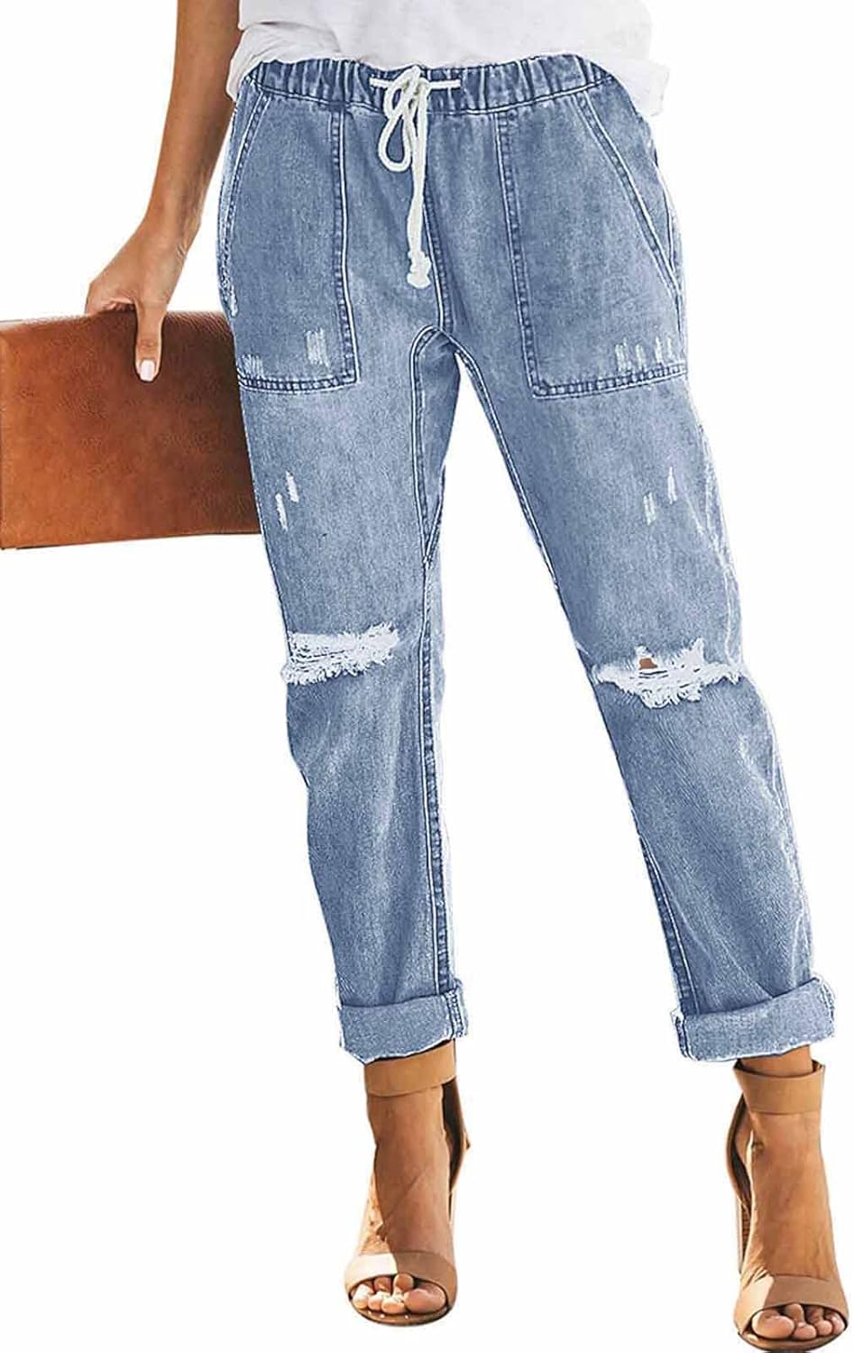 Womens Casual Distressed Stretch Jeans with Elastic Waist Design