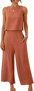 Women's Summer 2 Piece Linen Blend Crop Top and Wide Leg Pants Set