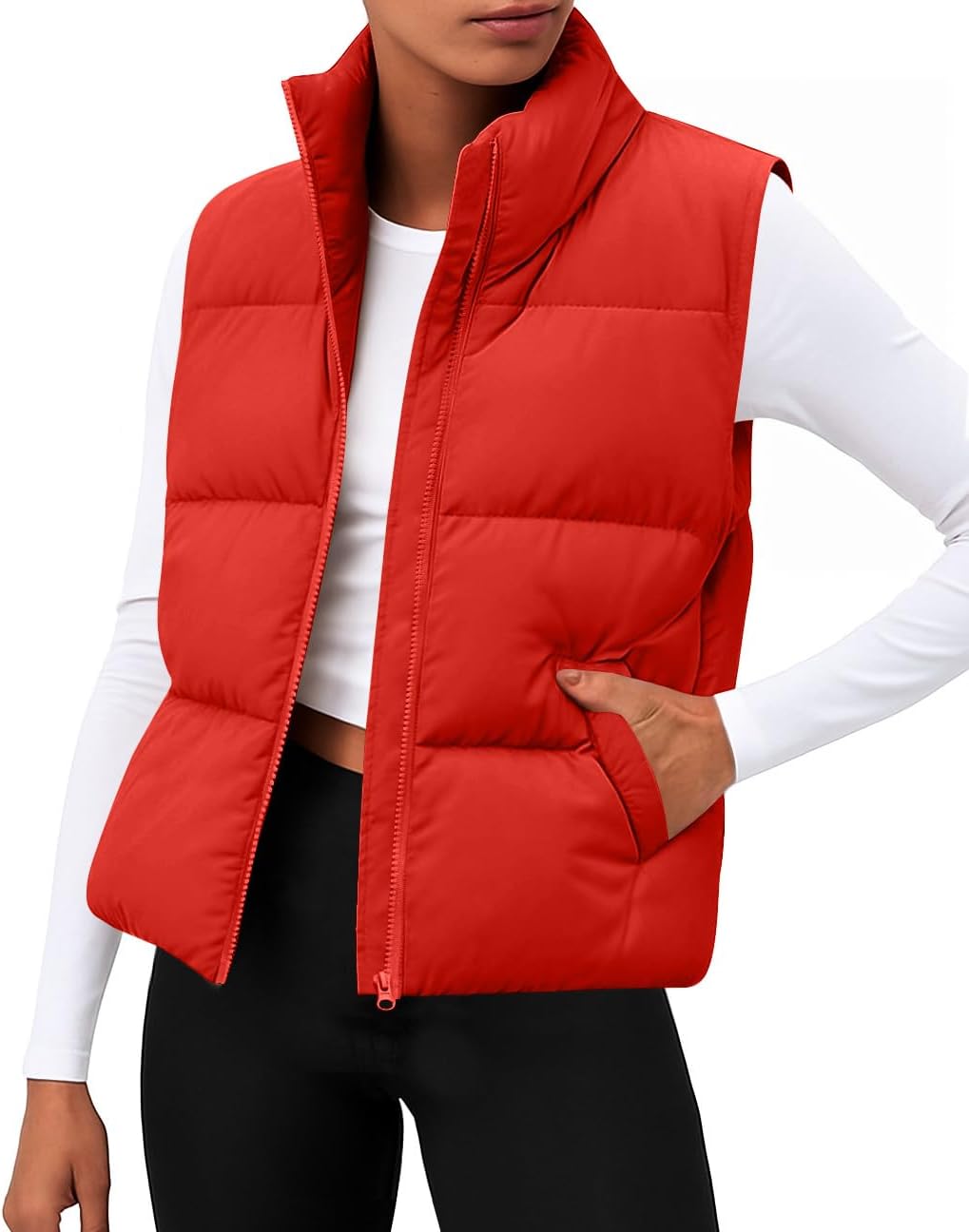 Lightweight Women Puffer Vest with Stand Collar and Pockets