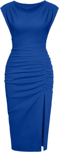 Mock Neck Ruched Side Slit Bodycon Midi Dress - Flattering Fit