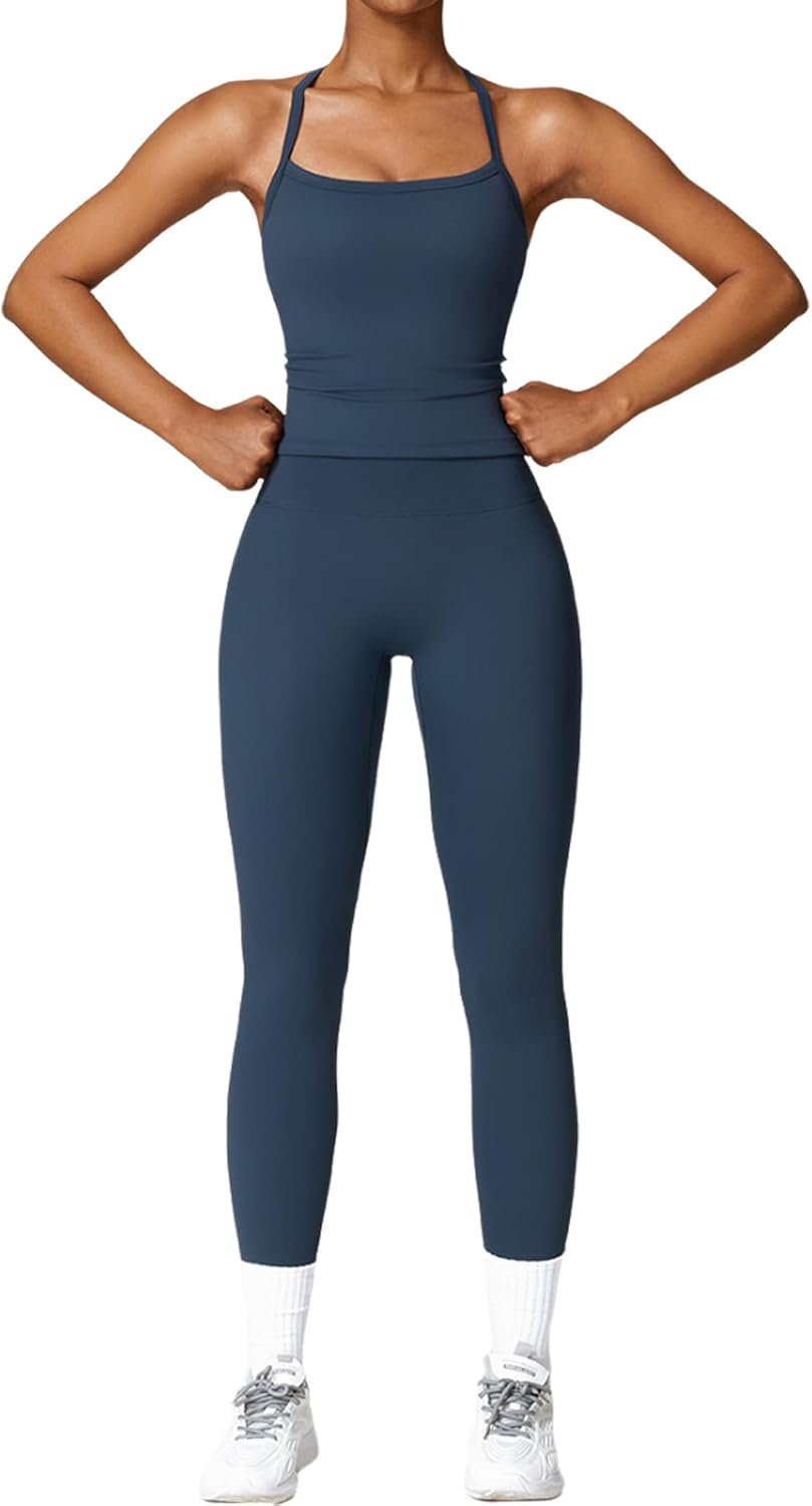 Womens Workout Sets Two Piece Cross Back Tank Top Leggings
