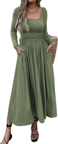 Womens Long Sleeve Square Neck Maxi Dress - Flowy A-Line Comfort Shoes