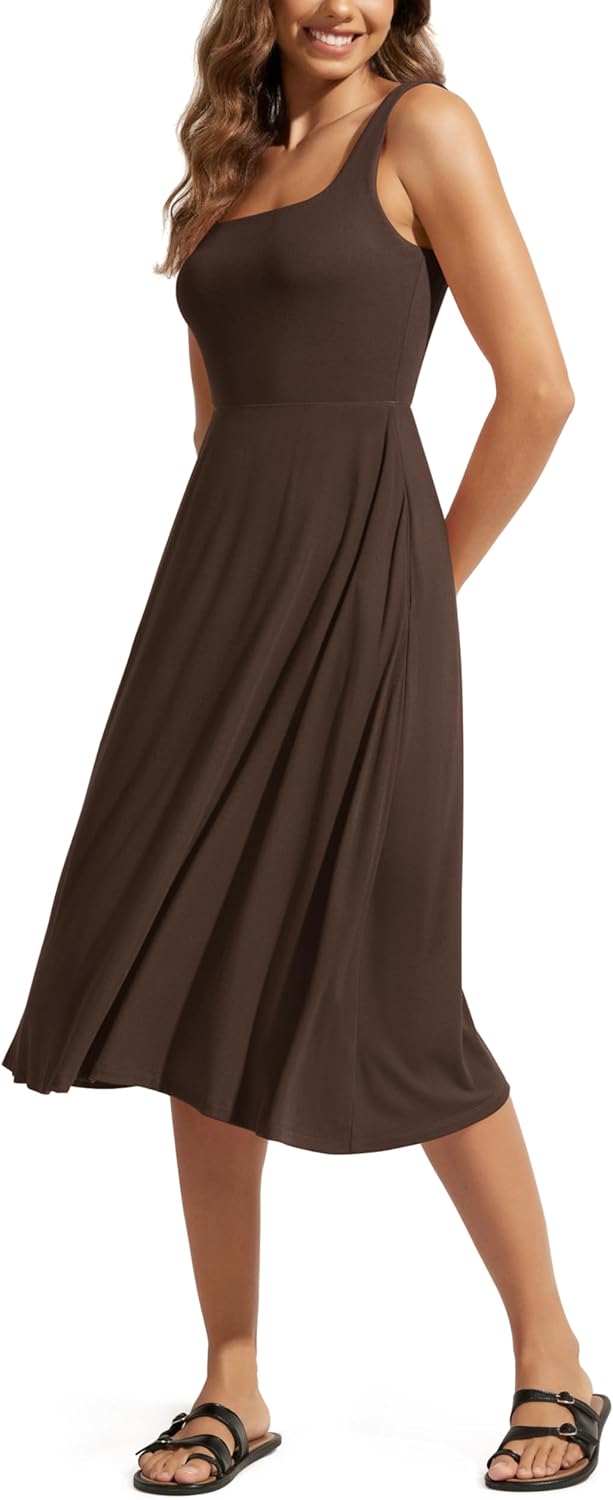 ODODOS Square Neck Midi Dress with Pockets for Women