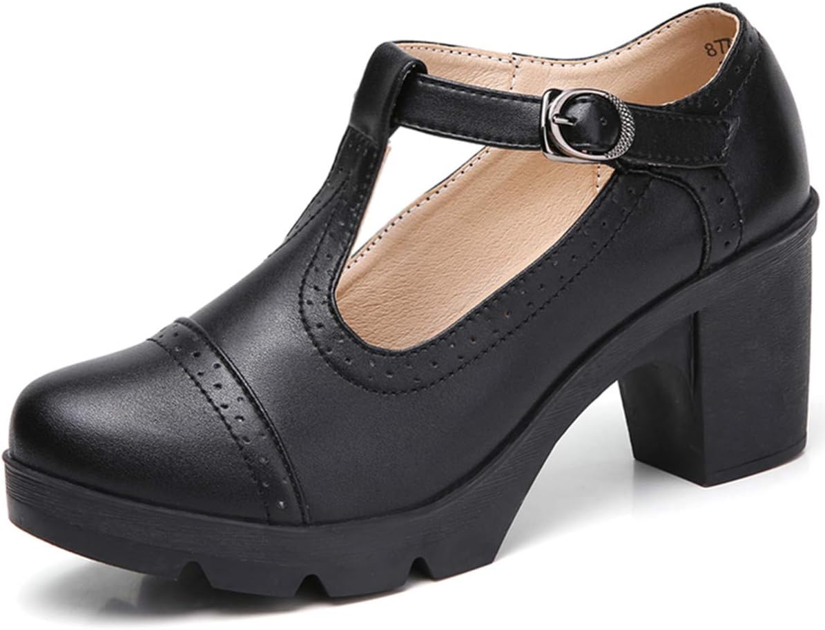 DADAWEN Women's Classic T-Strap Platform Mid-Heel Oxfords Shoes