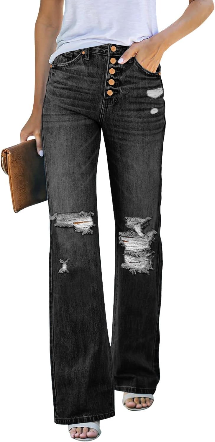 High Waisted Ripped Flare Jeans for Women by LookbookStore
