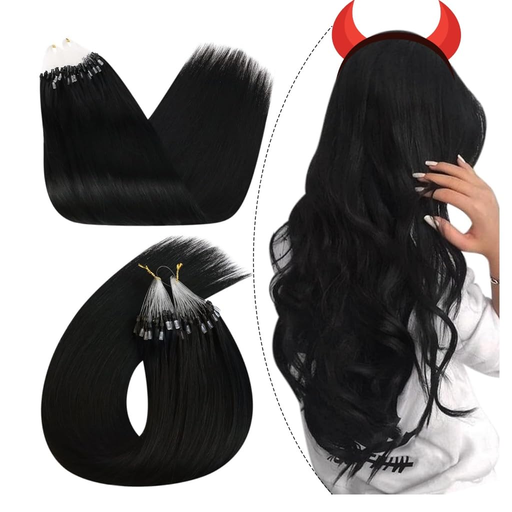 Ugeat Black Microlink Hair Extensions for Natural Long Hair