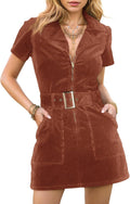 Corduroy Mini Dress for Women - Short Sleeve Lapel Zip Belted