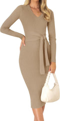 Ribbed Knit V Neck Midi Sweater Dress - Flattering Fall Bodycon