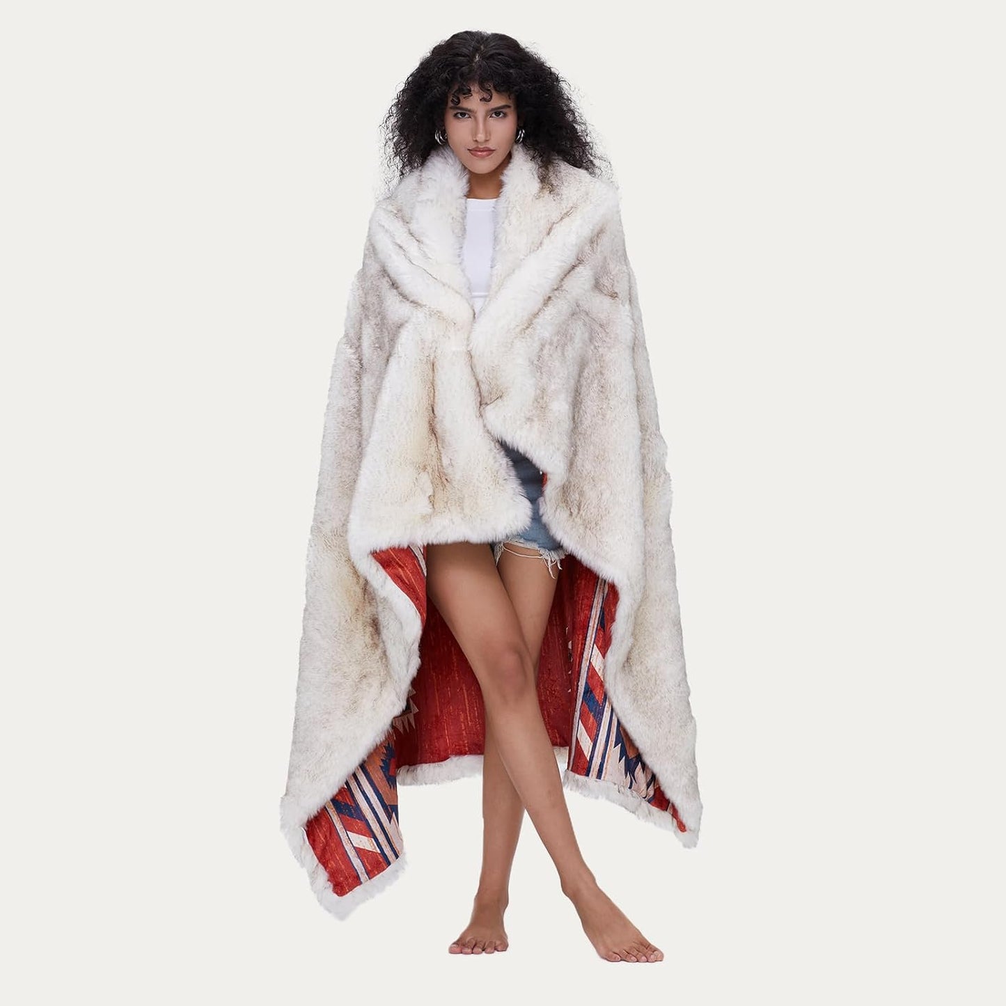 Luxury Plush Faux Fur Throw Blanket with Aztec Pattern for Cozy Warmth
