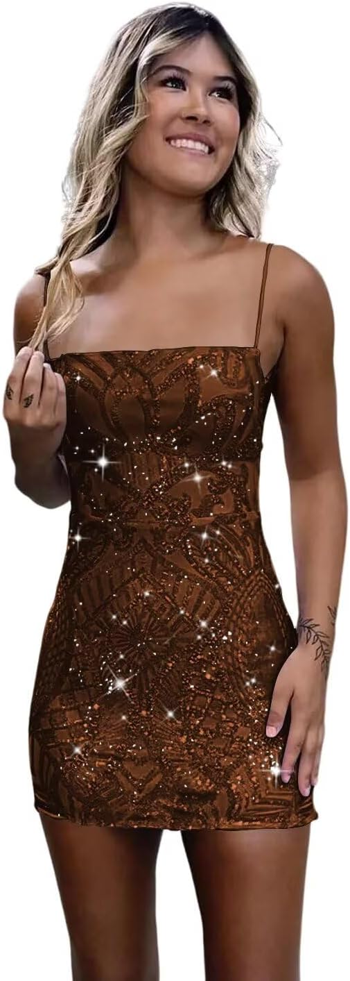 YMSHA Women's Spaghetti Straps Sequin Homecoming Dress for Teens