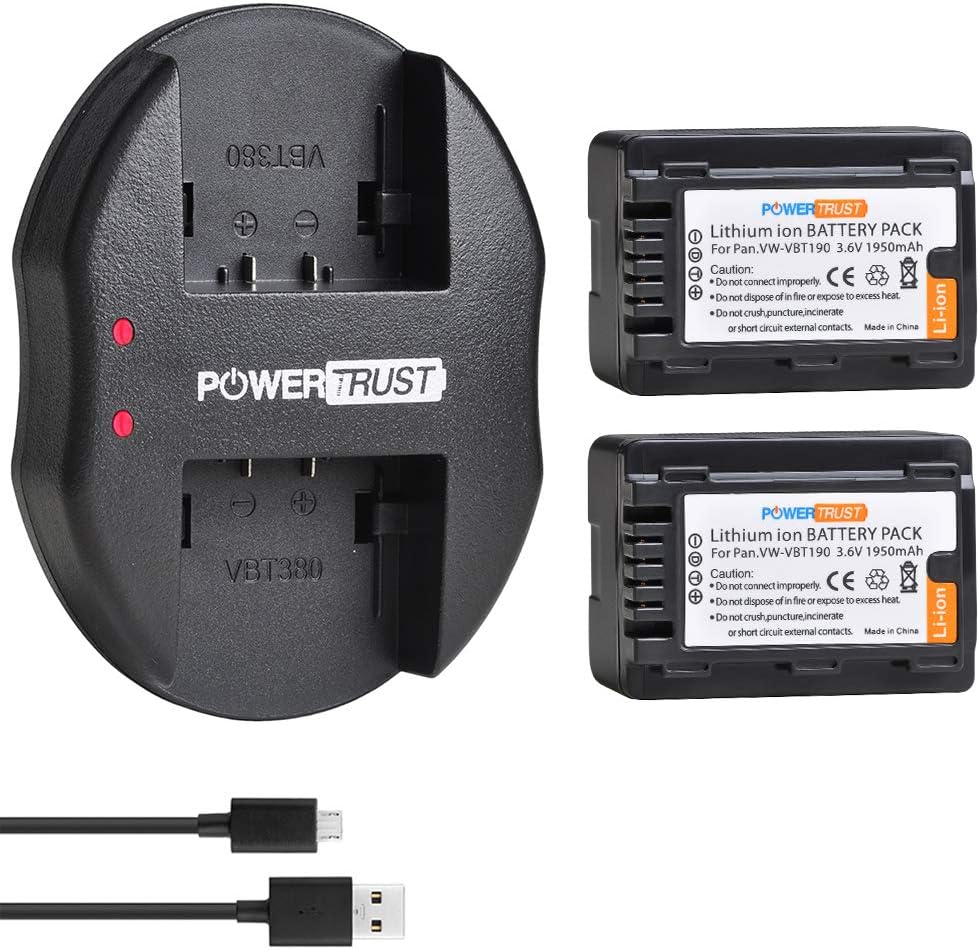2-Pack VW-VBT190 Batteries with Dual USB Charger for Panasonic