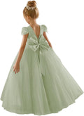 Girls Lace Cap Sleeve Full-Length Tulle Dress - Puffy V-Back Bow