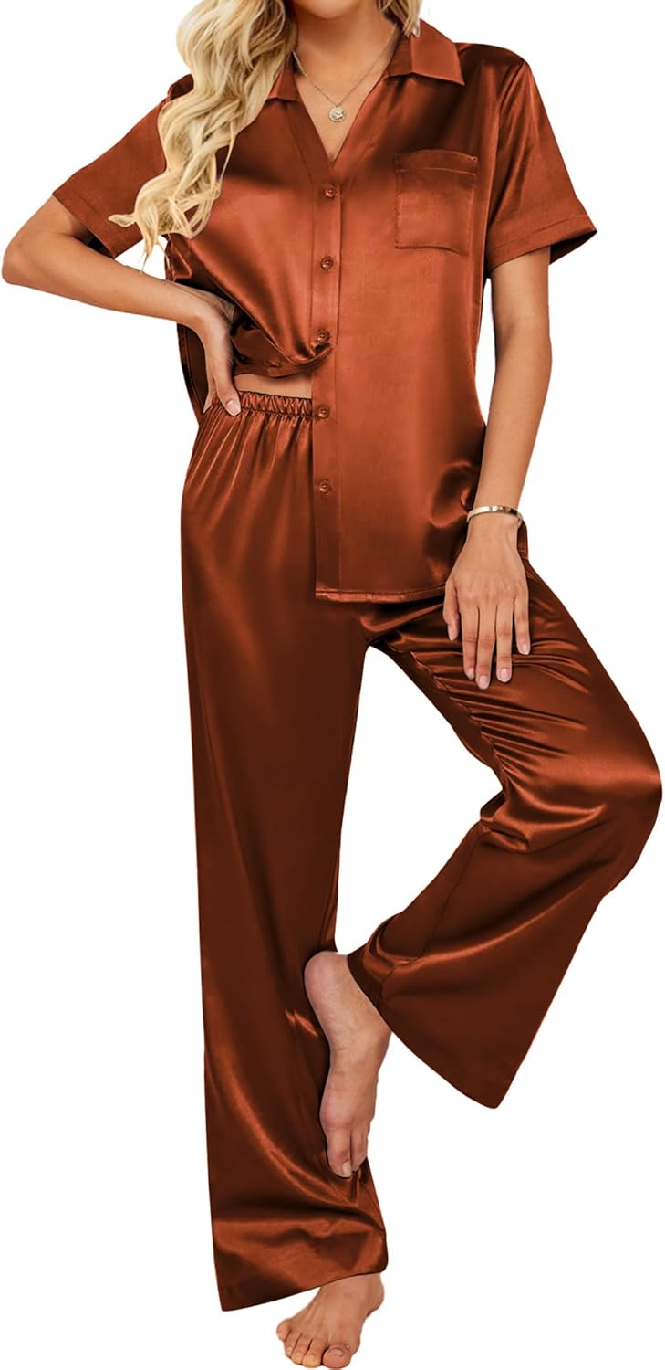 Ekouaer Silk Pajamas Set for Women - Soft Satin PJs with Pockets