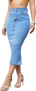 Women's Long Jean Skirt Stretch Denim Midi Pencil Skirt - Flattering