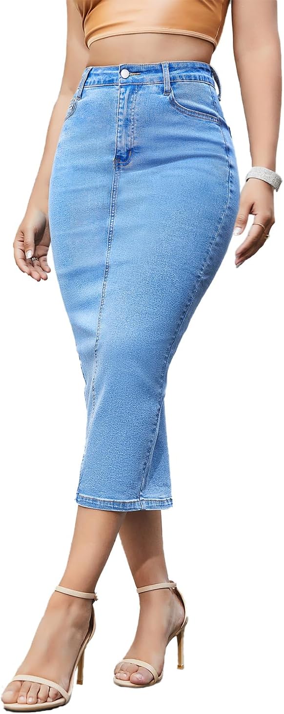 Women's Long Jean Skirts Stretch Denim Midi Skirts with Slit