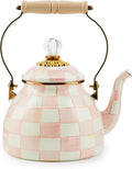 Enamel Tea Kettle Rosy Check - Stylish Stovetop 2 Quart
