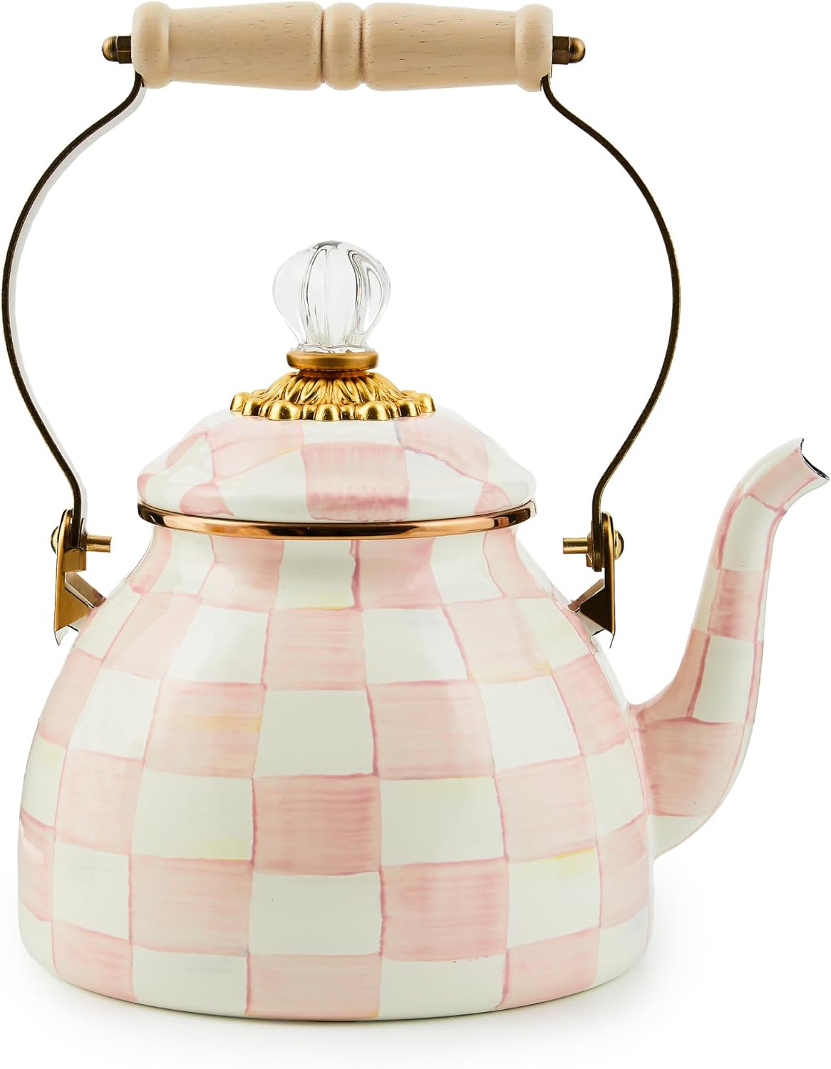 Stylish Pink-and-White Rosy Check Enamel Tea Kettle for Stovetop