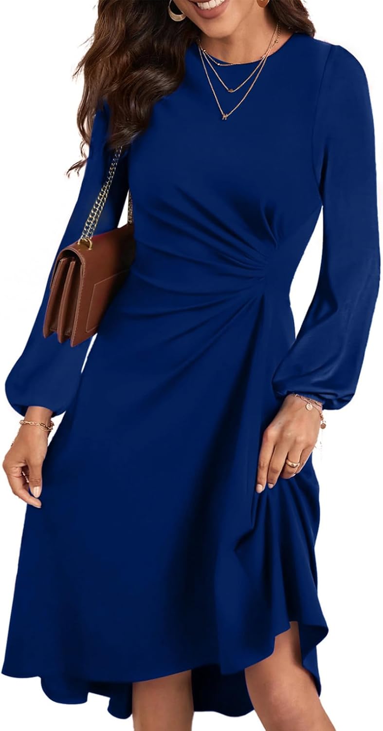Stylish Women's Long Sleeve Ruched Waist Midi Cocktail Dress