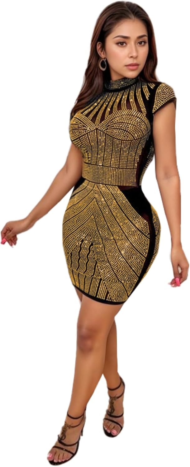 Hot Drilling Craft Sexy Long Sleeve Mesh Party Dress for Women