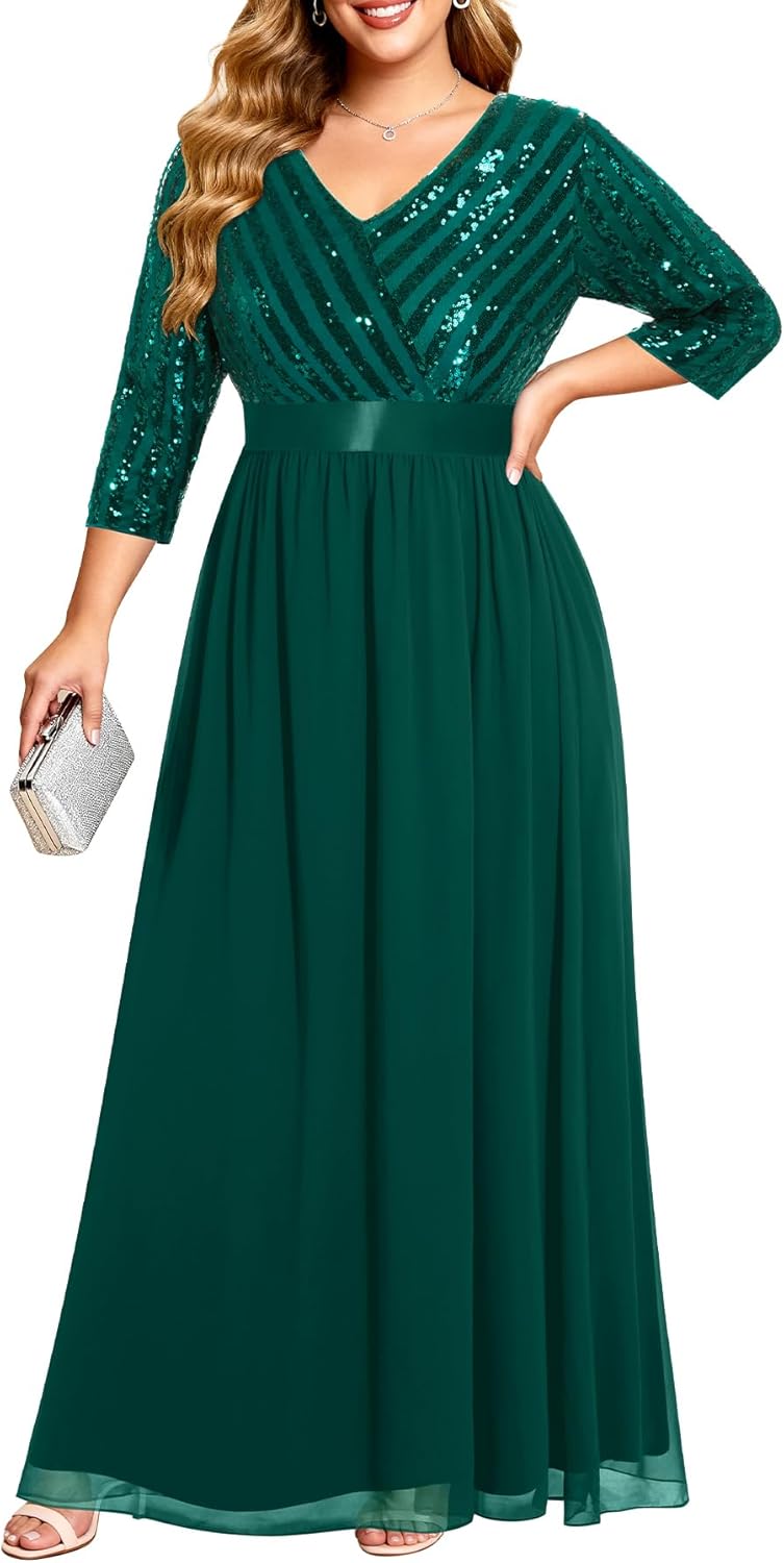 Womens Plus Size Formal Dresses with V Neck and 3/4 Sleeves