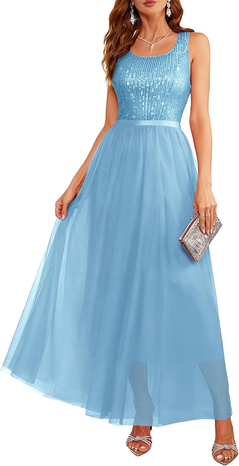 BeryLove Sequin Dress for Women - Vintage A Line Maxi Gown