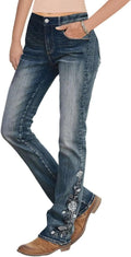 Flamingals Women's Floral Embroidery Mid Waist Bootcut Jeans Clothing