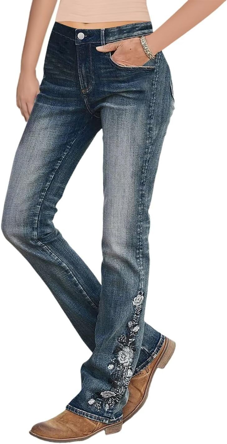 Flamingals Women's Floral Embroidery Bootcut Jeans with Pockets