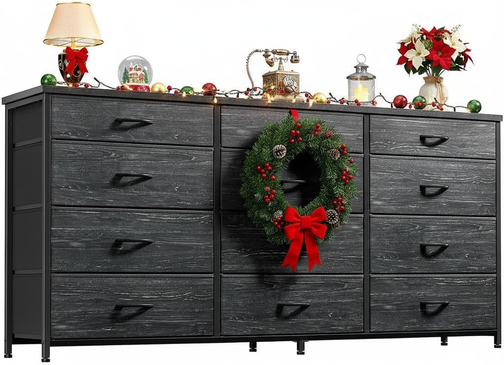 55 Inch Long Dresser with 12 Fabric Drawers for Bedroom