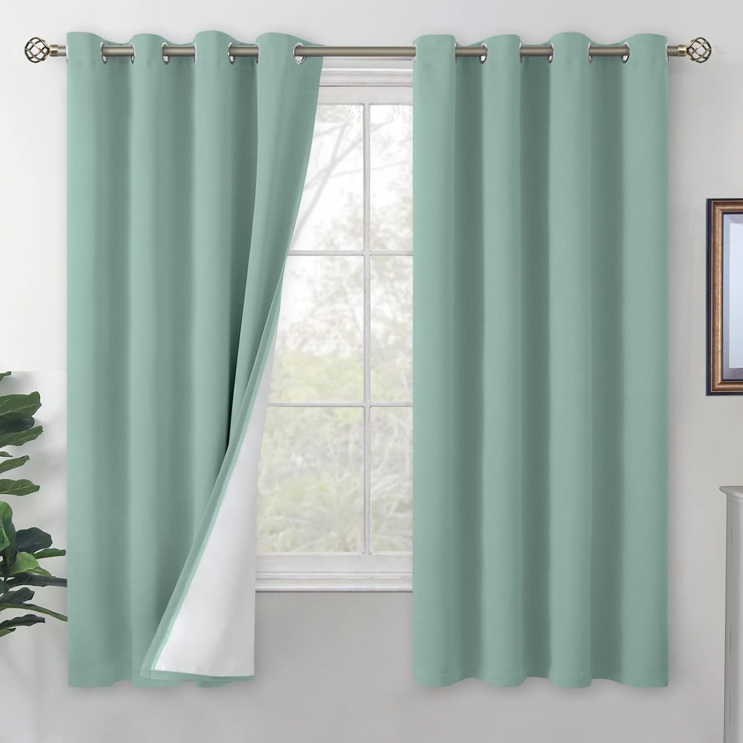 Frosty Green Blackout Curtains 63 Inch Length for Bedroom