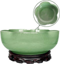 Green Ceramic Water Lotus Flower Bowl Planter with Wood Tray - Elegant