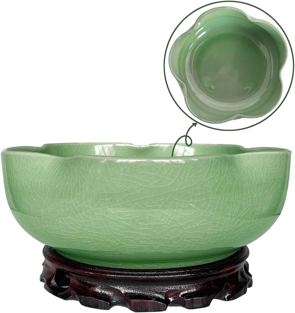 MUZHI Green Ceramic Water Lotus Flower Bowl Planter with Tray