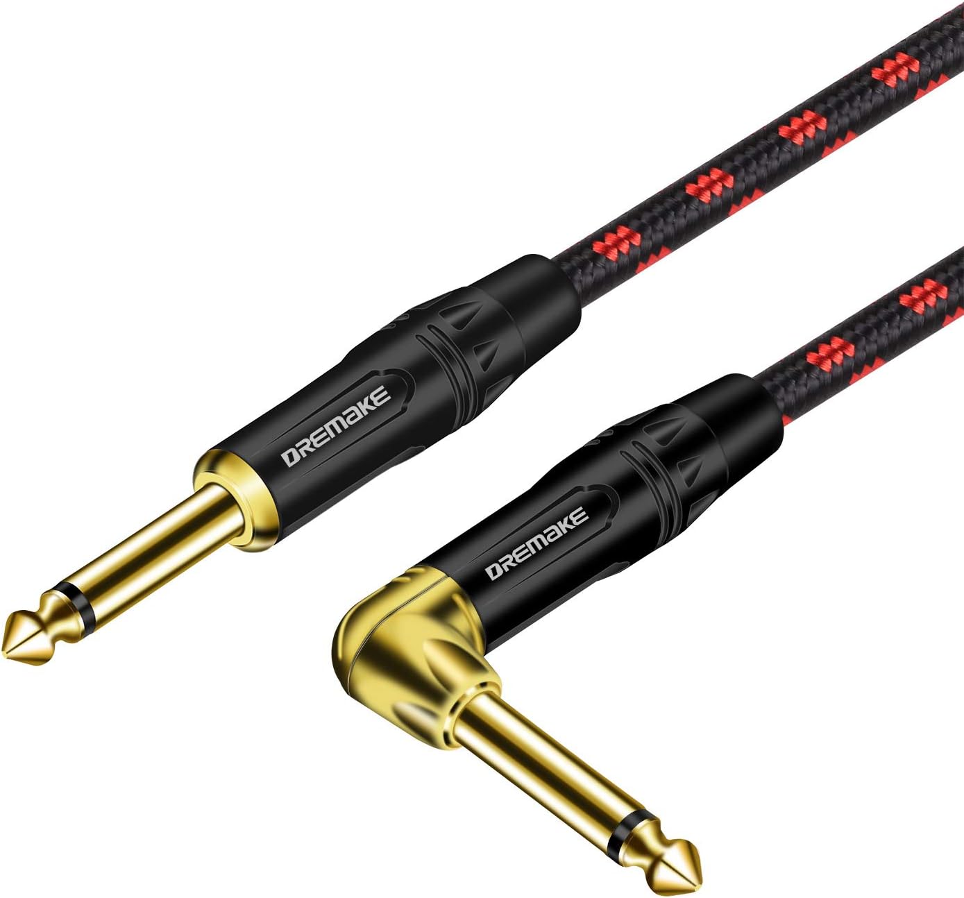 Pro 6ft Guitar Cable | DREMAKE Straight to Right Angle | Black/Red Tweed