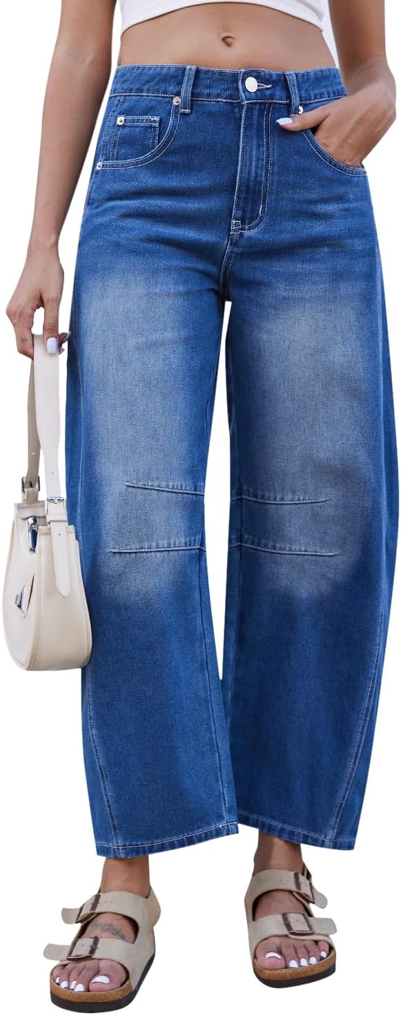 Mid Rise Barrel Jeans for Women Wide Leg Cropped Denim Pants