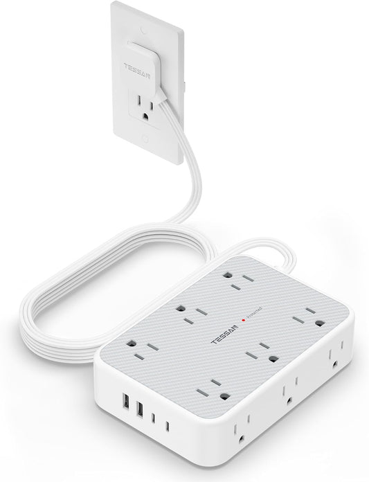 TESSAN 15ft Surge Protector Power Strip: 12 Outlets + 4 USB, 1800 Joules, Flat Plug