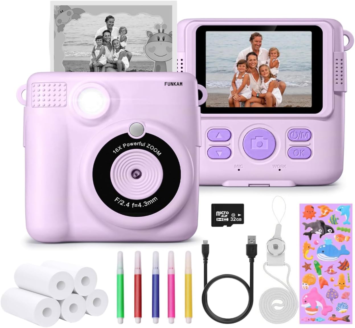 FUNKAM Instant Print Camera - HD 1080P, 32GB SD - Fun Bundle for Kids 3-14 (Purple)