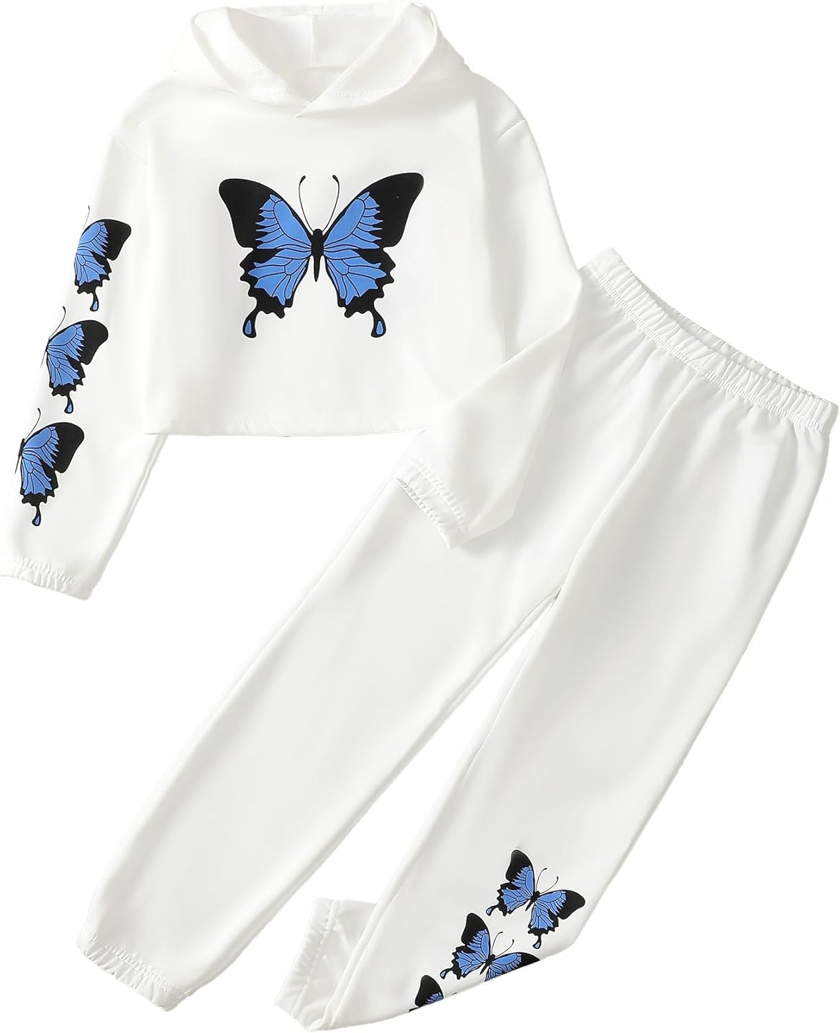 Girls' Clothing Set Butterfly Print Crop Top Hoodies Sweatpants