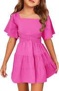 Batermoon Girls Summer Dress Square Neck Short Sleeve A-line Mini