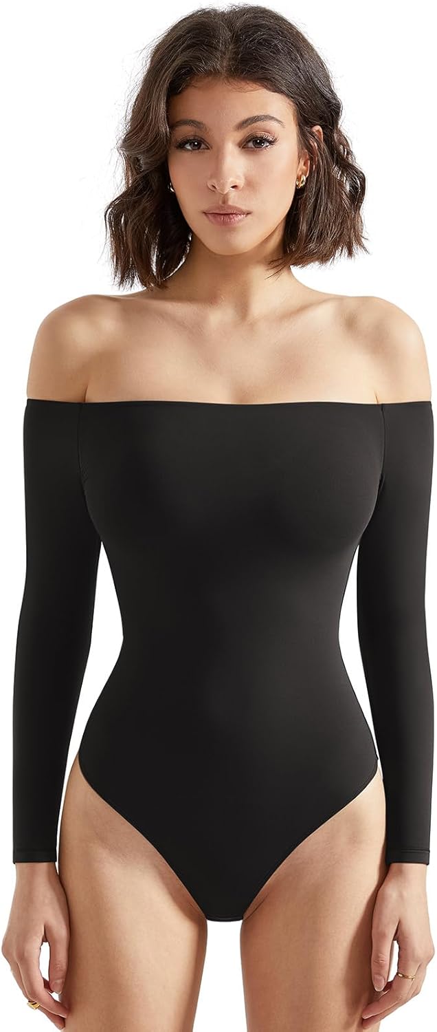 SUUKSESS Off the Shoulder Long Sleeve Bodysuit for Women