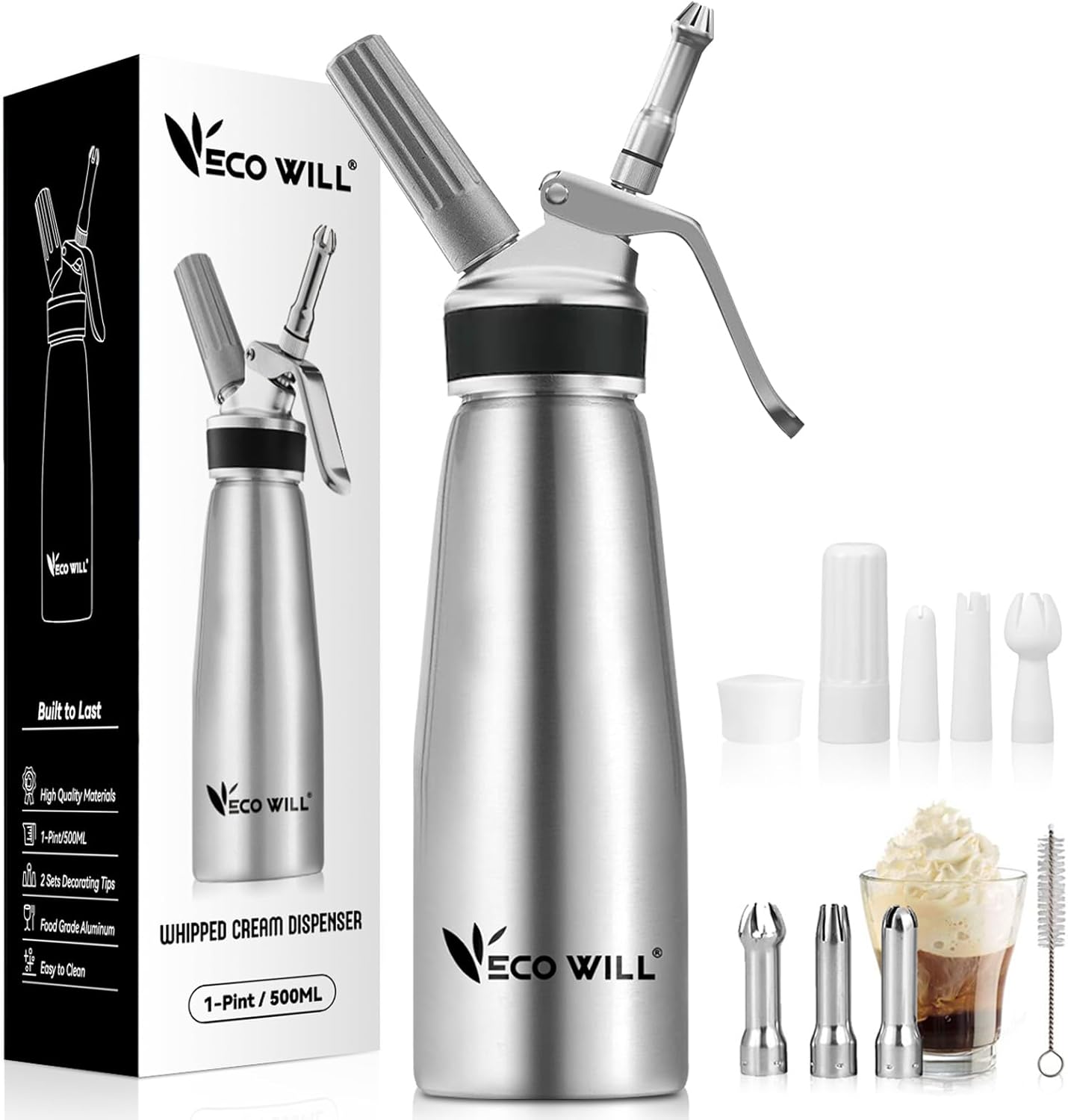 Durable Aluminum Cream Whipper with 2 Sets of Tips - ECO-WILL