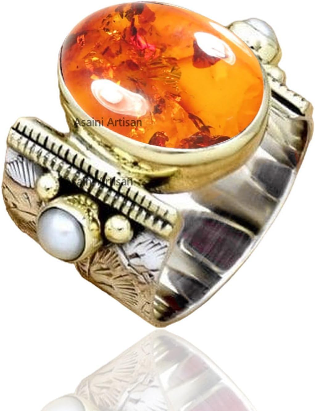 10x14MM Oval Gemstone Sterling Silver Ring with Pearl Accents